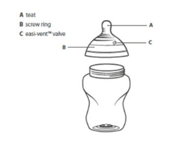 显示奶嘴、螺旋环和简易排气阀的瓶子图