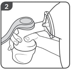 步骤 1 和 2 显示吸奶器向右举起并放置在乳房上